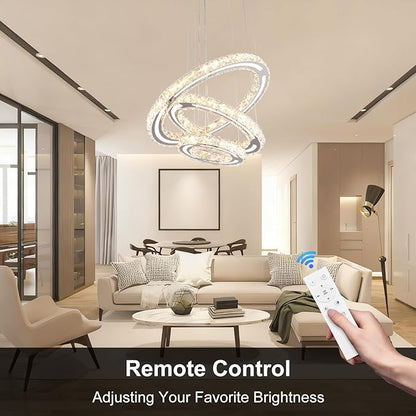 FRIXCHUR Crystal Chandelier LED Chandeliers Ceiling Light Fixture 3 Ring Adjustable Pendant Light Modern Chandelier for Bedrooms Living Room Dinning Room (Dimmable)