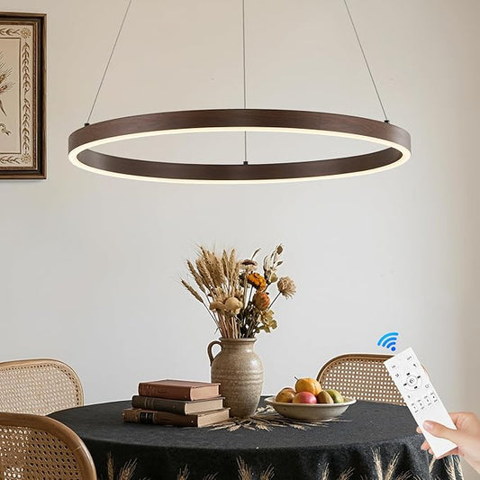 LED Ring Chandelier Walnut Wood Chandelier 24in Dimmable Round Foyer Chandeliers Light Modern Circular Chandeliers Wood-Printed Adjustable Pendant Light Fixture for Dining Room Entry Bedroom Office