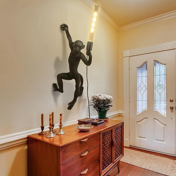 Industrial Wall Lighting Fixture Vintage Resin Monkey Light Wall Lamp for Living Room Children's Kid's Bedroom Club Decoration (Black-Right Hand)