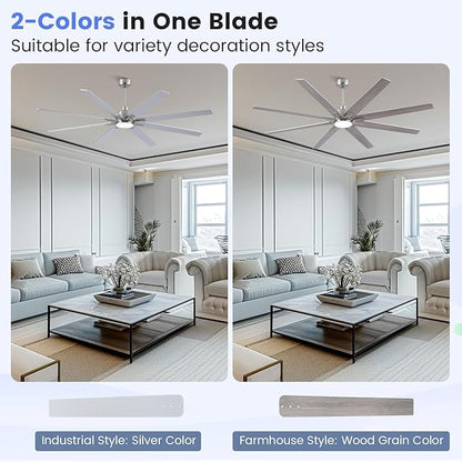 Newday 72 inch Large Ceiling Fans with Lights and Remote, Indoor/Outdoor Brushed Nickel Ceiling Fan for Living Room Patio, 6 Speeds Slient Reversible DC Motor, 3CCT, Timer, 3 Downrods, 8 Blades
