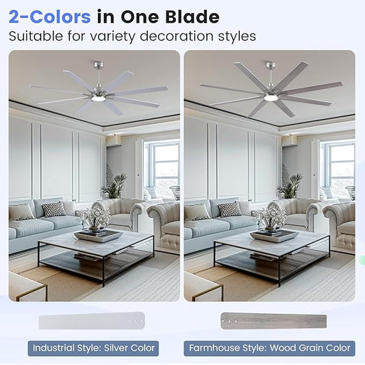Newday 72 inch Large Ceiling Fans with Lights and Remote, Indoor/Outdoor Brushed Nickel Ceiling Fan for Living Room Patio, 6 Speeds Slient Reversible DC Motor, 3CCT, Timer, 3 Downrods, 8 Blades