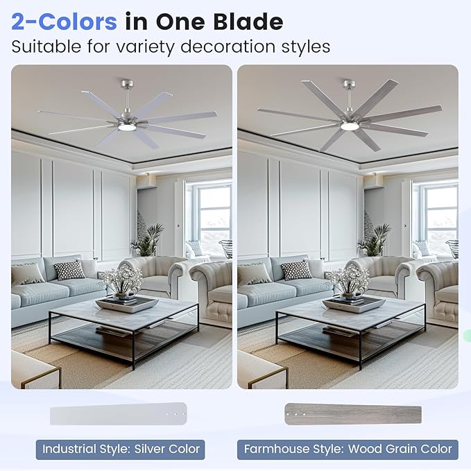 Newday 72 inch Brushed Nickel Modern Ceiling Fans with Lights and Remote, Indoor/Outdoor Ceiling Fan for Living Room Patio, 6 Speed Reversible Quiet DC Motor, 3 CCT, Dual Finish Blades