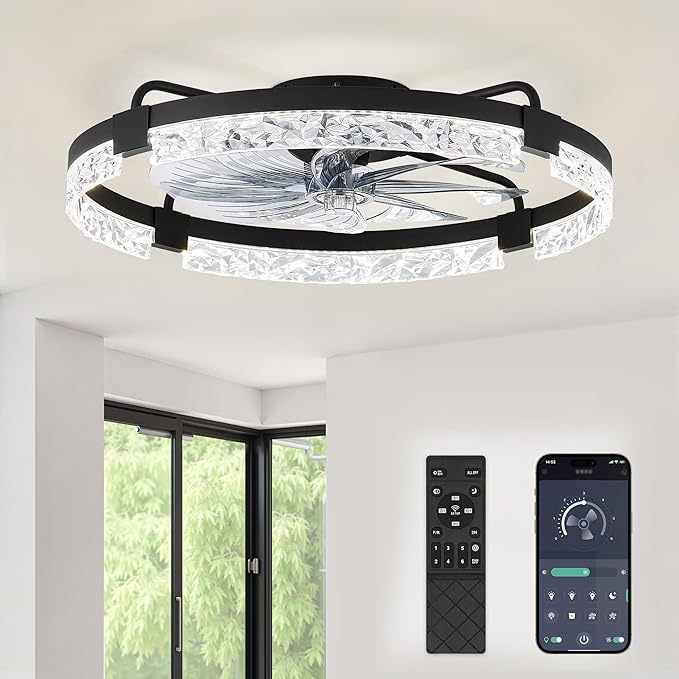 LEDIARY 24 Inch Low Profile Ceiling Fans with Lights and Remote, Flush Mount Fandelier Ceiling Fan, 3000K-6000K Dimmable LED Fan Light, Black Modern Ceiling Fans with Lights for Bedroom