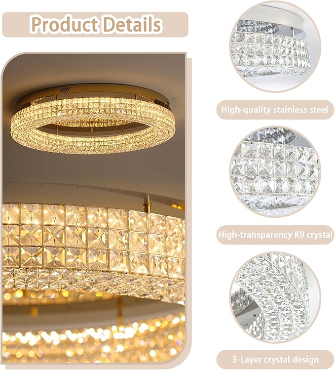 ykolupty 40'' Crystal Chandelier Light Fixture Large Chandelier for Living Room Crystal Flat Mounted Ceiling Lights Dining Room Bedroom Dimmable 2700-6000K