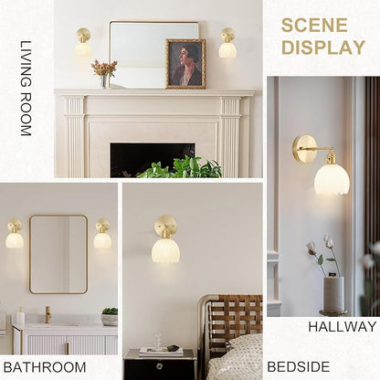 Wall Sconces Set of Two Hardwired, Vintage Sconce Light with Tulip Milk White Glass Lampshade, Bathroom Wall Lights with Switch, Gold Wall Light Sconces Wall Decor Set of 2