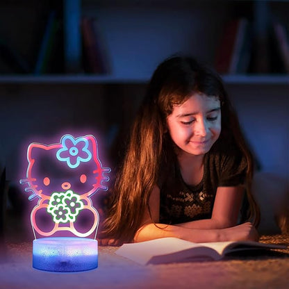 Cat Night Light for Kids, Anime Kitty Lamp with Timer, Remote Control, Changing Colors, Dimmable Acrylic LED Light for Christmas Birthday, Unique Gifts for Girls Boys Nursery Baby