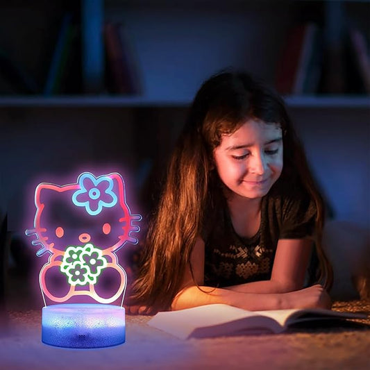 Cat Night Light for Kids, Anime Kitty Lamp with Timer, Remote Control, Changing Colors, Dimmable Acrylic LED Light for Christmas Birthday, Unique Gifts for Girls Boys Nursery Baby