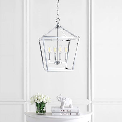 JONATHAN Y 12" Chrome Lantern Pendant Light, 1-Light Pagoda Style Metal Cage Farmhouse Hanging Ceiling Fixture for Kitchen Island, LED Bulb Included (JYL7436C)