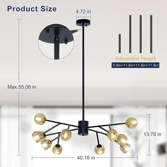 Depuley Chandelier Ceiling Light Fixture: 12-Light Modern Sputnik Chandelier for Dining Room - Height Adjustable Mid Century Black Crystal Chandelier for Bedroom Living Room (Included G9 Bulbs)