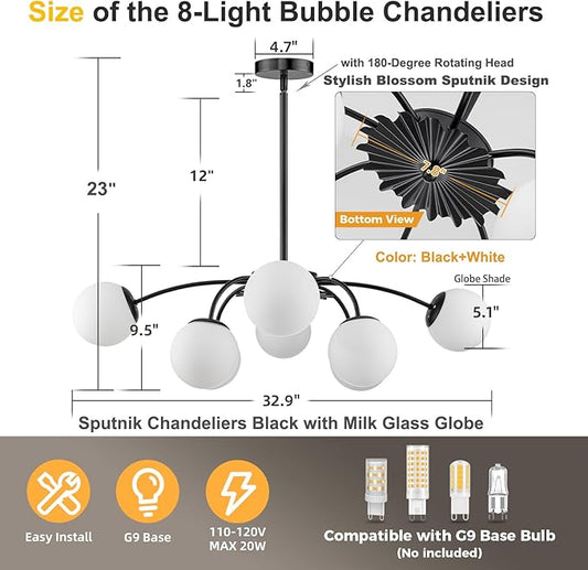 Longree 8-Light Black and White Sputnik Chandeliers with Milk Glass Pendant Light Fixture, with Blossom Accent Mid Century Frosted Glass Bubble Ceiling Lighting for Dining Entry Living Room