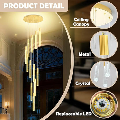 Luxury 12 Light Modern Crystal Pendant Light - 118" High Ceiling Gold LED Dimmable Pendant Light for Bedside Island Kitchen Living Room