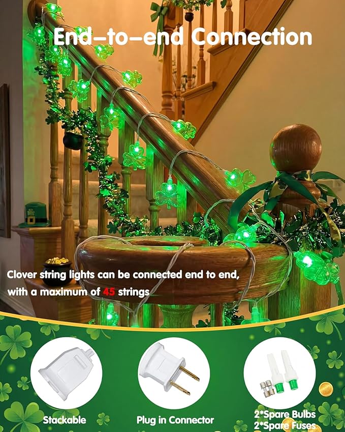 SUNSGNE Shamrock String Lights St. Patrick's Day Lights, 8.5Ft Outdoor Patio String Light with 10 LED Green Shamrock, Plug in Fairy Lucky Clover String Lights for Home Garden Irish Party Decoration