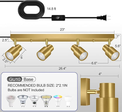 Plug in Track Lighting, 23" LED Track Light Fixtures Ceiling, Gold 4 Way Spotlight, Rotatable Light Head, Plug in Ceiling Light with Power Cord, Plug Wall Light for Kitchen Hallway Bar(GU10, NO Bulb)