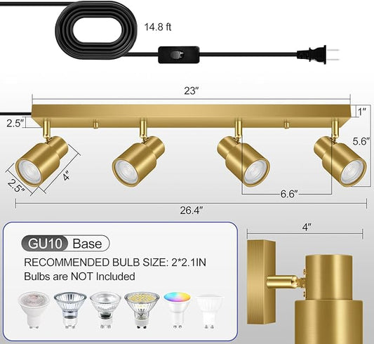 Plug in Track Lighting, 23" LED Track Light Fixtures Ceiling, Gold 4 Way Spotlight, Rotatable Light Head, Plug in Ceiling Light with Power Cord, Plug Wall Light for Kitchen Hallway Bar(GU10, NO Bulb)