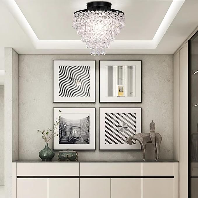 FRIXCHUR 11.8" Small Crystal Chandelier Light Fixture Mini Crystal Ceiling Light 5 Tiers Raindrops Black Chandeliers for Bedroom Hallway Closet, E26 Base