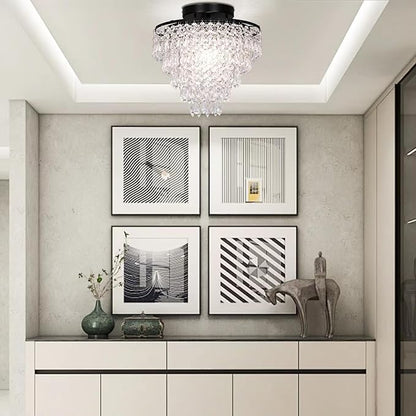 FRIXCHUR 11.8" Small Crystal Chandelier Light Fixture Mini Crystal Ceiling Light 5 Tiers Raindrops Black Chandeliers for Bedroom Hallway Closet, E26 Base