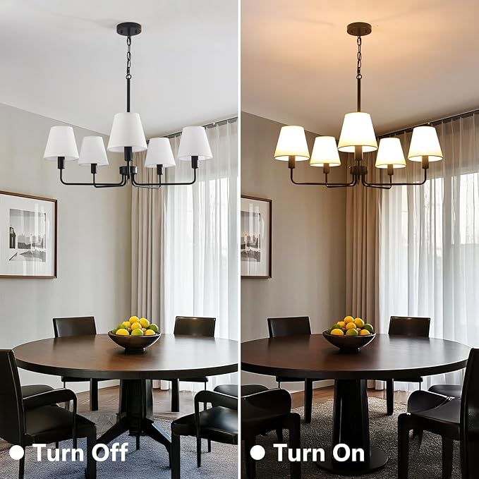 Black Chandeliers for Dining Room 30” Bedroom Light Fixture with White Fabric Shade 5-Light Modern Farmhouse Chandelier Adjustable Pendant Lighting Fixtures for Kitchen Island,Living Room,Entryway