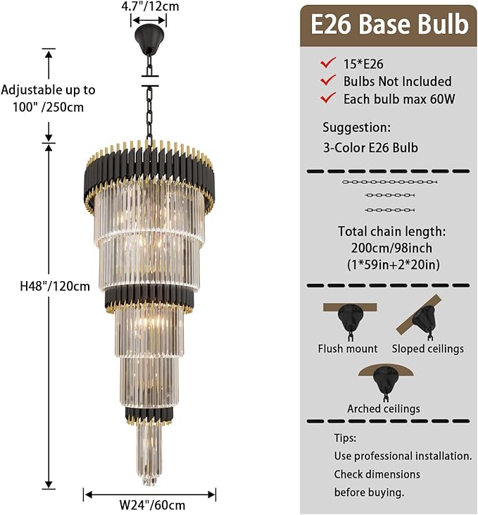 Large Black and Gold Crystal Chandelier, 24" 5-Tier Crystal Chandeliers for High Ceiling, Adjustable Height Pendant Light for Foyer, Villa, Staircase, Entryway