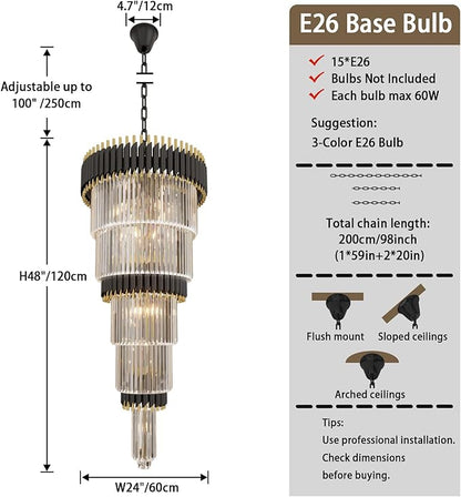 Large Black and Gold Crystal Chandelier, 24" 5-Tier Crystal Chandeliers for High Ceiling, Adjustable Height Pendant Light for Foyer, Villa, Staircase, Entryway