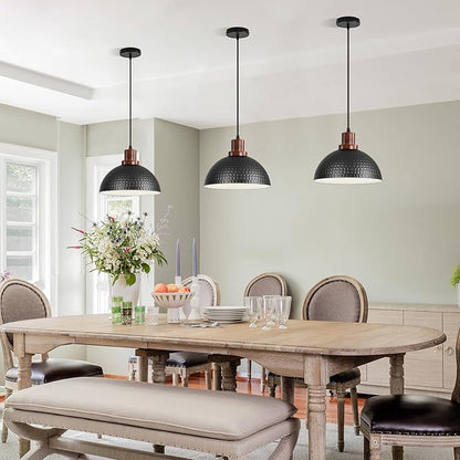 11.8" Wood Pendant Lights Kitchen Island, Hammered Dome Pendant Lighting, Black Pendant Light Fixture Hanging Ceiling Light