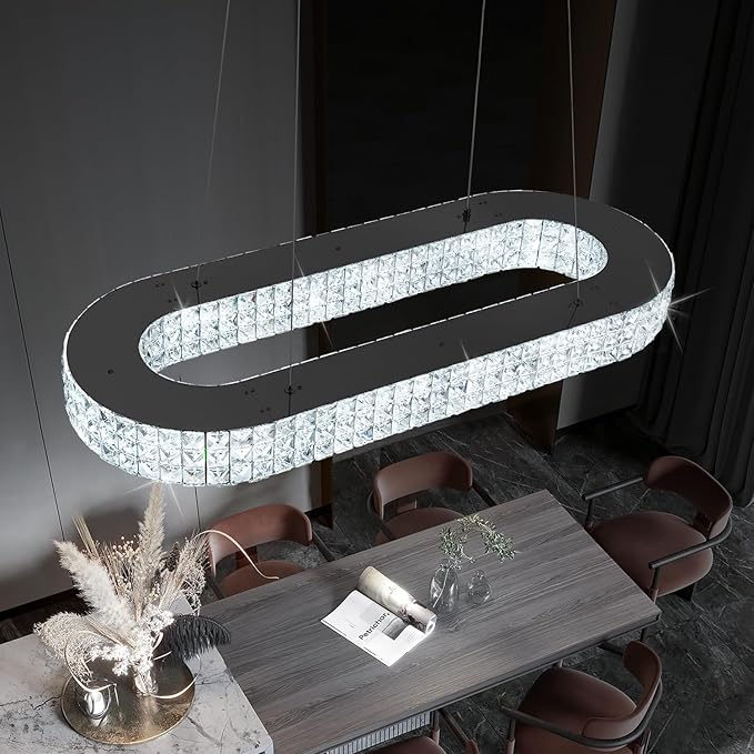 ykolupty Modern Crystal Chandelier, Dia 40" Rectangular Chandelier for Dining Room,Black Rectangle Crystal Ceiling Light Luxury Oval Chandeliers for Living Room Kitchen Island