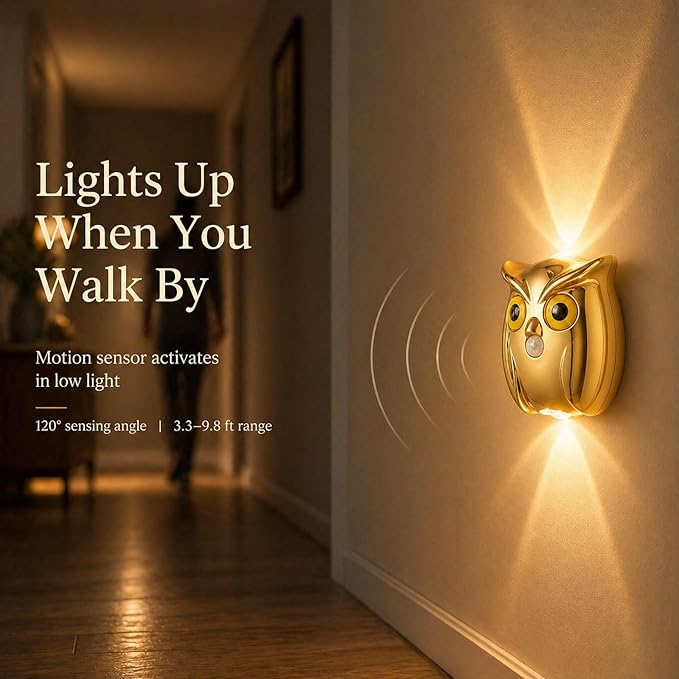 2-Pack Golden Owl Wall Lamp, Cute LED Night Light for Bedroom Decor, Warm Ambient Lighting for Kids Room, Nursery & Hallway, Creative Animal Wall Light, Gift for Home Decoration