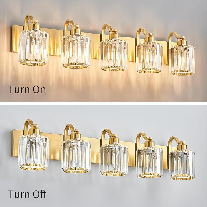Modern Crystal Bathroom Vanity Light 5 Lights Crooked Gold Over Mirror Wall Lighting Fixture with Round Shade (Exclude Bulb)