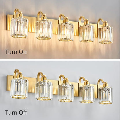 Modern Crystal Bathroom Vanity Light 5 Lights Crooked Gold Over Mirror Wall Lighting Fixture with Round Shade (Exclude Bulb)
