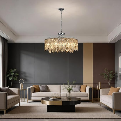 10 Lights Chrome Crystal Chandeliers for Dining Room Light Fixture | D28 Modern Round Crystal Chandelier Over Table | Hanging Lighting for Living Room Kitchen Island Bedroom Bathroom