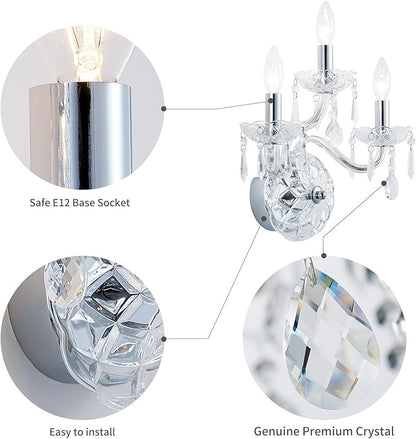 WUZUPS 3-Light Candle Vanity Wall Sconces Light Fixture for Bedroom Living Room Bathroom, E12 Base, Chrome