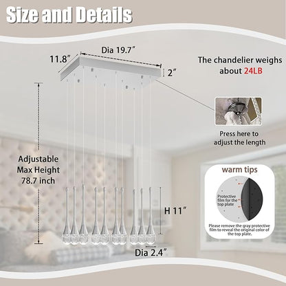 ykolupty Rectangular Chandeliers for Living Room Silver Dining Room Lights Fixture Raindrop Pendant Lights Kitchen Island Crystal Chandelier for Staircase Hallway Foyer Entryway