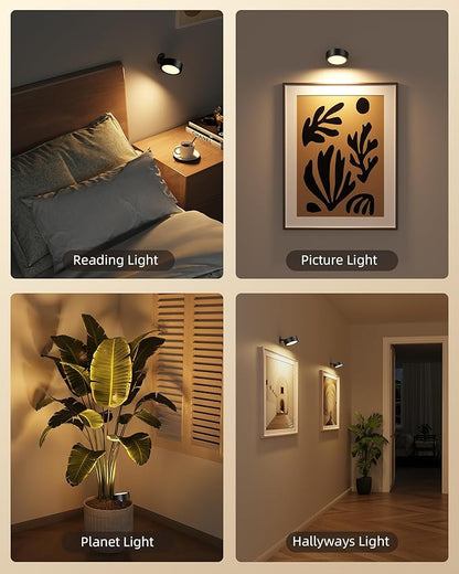 EZVALO LED Wall Mounted Lights, 3000mAh Rechargeable Wall Light Wall Sconces Lamp, 3 Color Temps & Remote and Touch Control, 360°Rotation Dimmable Cordless for Bedroom Reading Study Bedside (Black)
