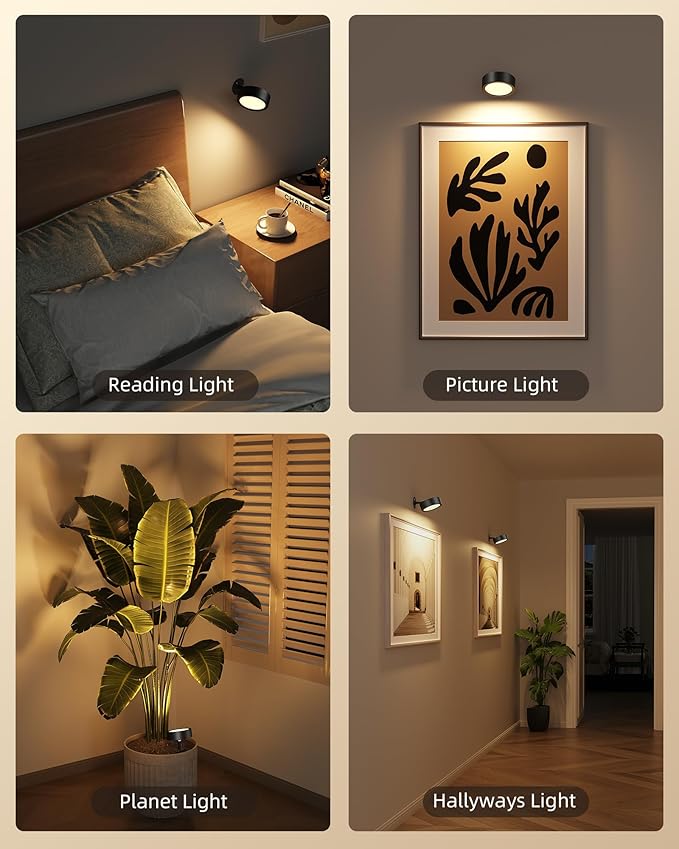 EZVALO LED Wall Mounted Light, 3000mAh Rechargeable Cordless Wall Sconce, Dimmable with Remote & Touch Control, 3 Color Temps, 360° Rotatable for Bedroom, Bedside (Black, 2 Pack)