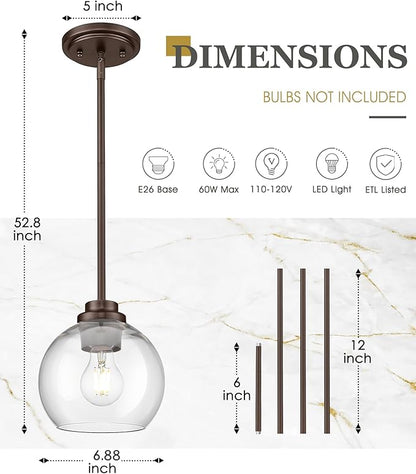 Pendant Lights Kitchen Island, 7" Oil Rubbed Bronze Hanging Lights Fixtures with Clear Glass Globe Shade, Modern Kitchen Island Lighting for Bathroom, AD-22280-1P-ORB