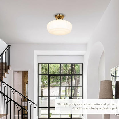 Large Schoolhouse Style Semi Flush Mount Ceiling Light Fixture, 14" Modern Gold Hallway Ceiling Lamp with Opal Milk Glass Shade Brass, Farmhouse Globe Light for Bedroom Kitchen Hallway Entryway