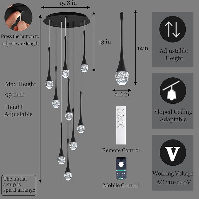Modern Crystal Chandelier 10-Lights Black, H98.5'' High Ceiling Spiral Dimmable LED Bubble Crystal Raindrop Light Fixture for Foyer Entryway Dining Room Remote Control
