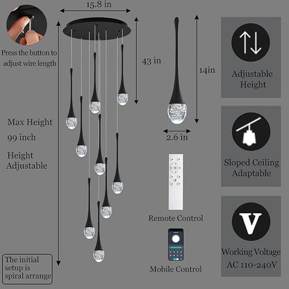 Modern Crystal Chandelier 10-Lights Black, H98.5'' High Ceiling Spiral Dimmable LED Bubble Crystal Raindrop Light Fixture for Foyer Entryway Dining Room Remote Control