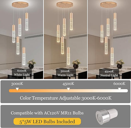 Modern Crystal Chandelier for Kitchen Island 5-Lights, Elegant Gold LED Bubble Pendant Lighting Fixture for Dining Room Bedroom Entryway