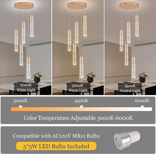 Modern Crystal Chandelier for Kitchen Island 5-Lights, Elegant Gold LED Bubble Pendant Lighting Fixture for Dining Room Bedroom Entryway