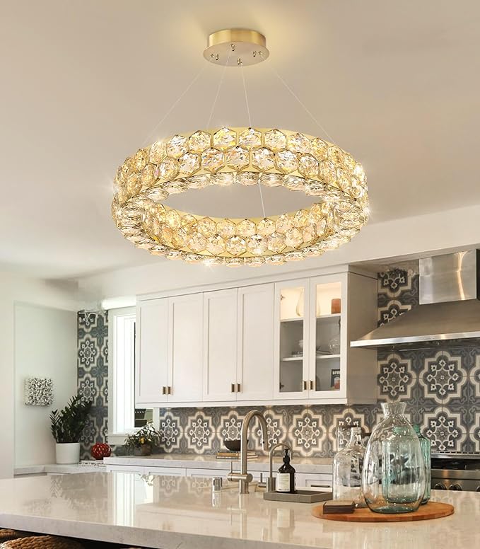 Modern Crystal Chandelier Ring Chandeliers for Dining Room Living Room Round LED Dimmable Ceiling Light Fixture for Bedroom Hallway Foyer Gold