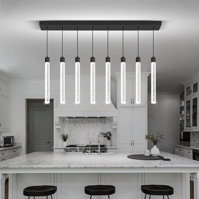 Modern Rectangular Crystal Chandelier LED Dimmable Crystal Column Chandelier Living Room Crystals Pendant Light for Dining Room Adjustable Height 8-Light Black