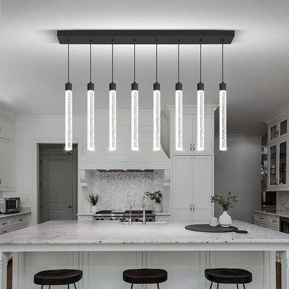 Modern Rectangular Crystal Chandelier LED Dimmable Crystal Column Chandelier Living Room Crystals Pendant Light for Dining Room Adjustable Height 8-Light Black