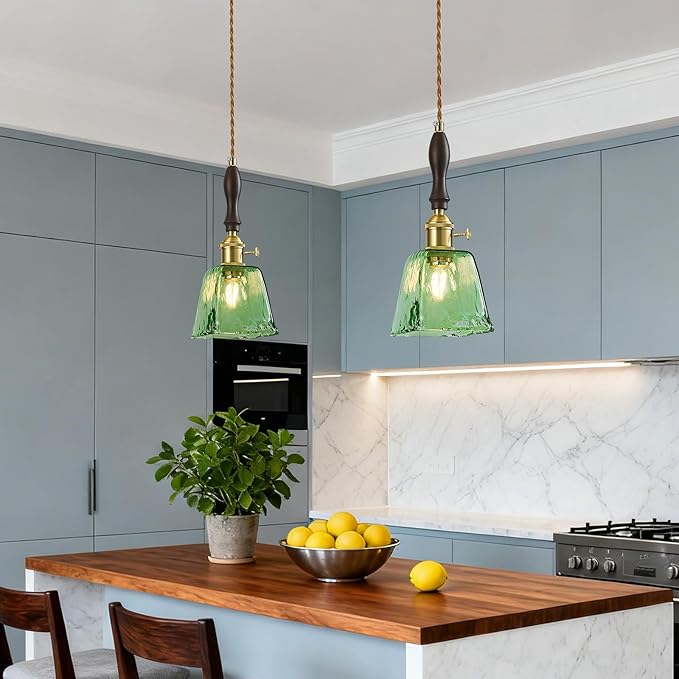 Green Glass Vintage Pendant Light Height Adjustable Handmade Glass Pendant Lights Kitchen Island Gold Hanging Light Fixture with Wood Handle for Bedroom Dining Room Hotel (2 Pack)