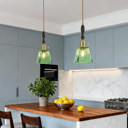 Green Glass Vintage Pendant Light Height Adjustable Handmade Glass Pendant Lights Kitchen Island Gold Hanging Light Fixture with Wood Handle for Bedroom Dining Room Hotel (2 Pack)