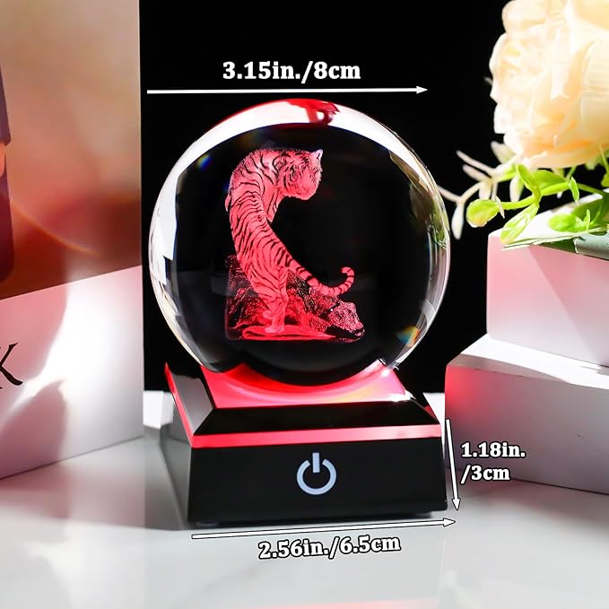 Arikyrist 3D Tiger Crystal Ball Figurine with Colorful Light Base, Tiger Gifts for Women Men on Christmas Birthday, Laser Engraved Tiger Collectible Globe Glass Decorative Ball for Home Office (80mm)