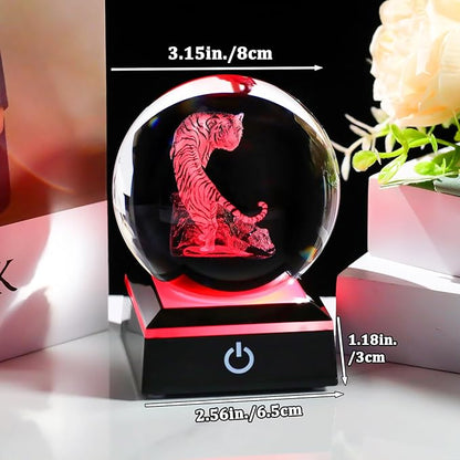 Arikyrist 3D Tiger Crystal Ball Figurine with Colorful Light Base, Tiger Gifts for Women Men on Christmas Birthday, Laser Engraved Tiger Collectible Globe Glass Decorative Ball for Home Office (80mm)