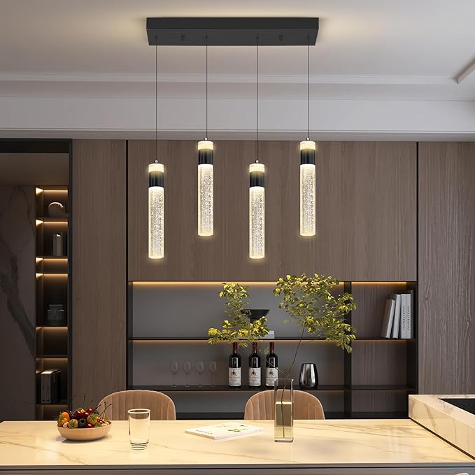 4-Light Gold Pendant Lights Kitchen Island Modern LED Gold Crystal Column Chandeliers Dimmable Crystal Ceiling Light for Dinning Room Living Room 32W