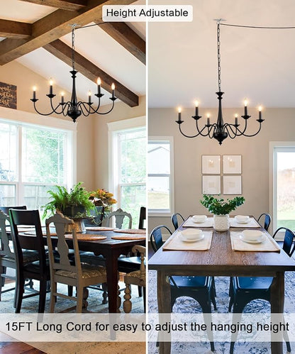 Plug in Chandelier Lighting with Cord 15ft & On/Off Switch, Hanging Lights with Plug in Cord, 6 Light Black Farmhouse Chandelier for Dinging Room Living Room Kitchen Island Bedroom