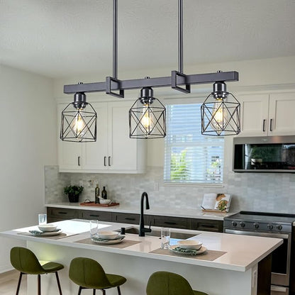 3-Light Vintage Industrial Pendant Light Over Table, Adjustable Hanging Light with Matte Black Metal Frame, E26 Base Modern Rustic Chandelier for Kitchen Island