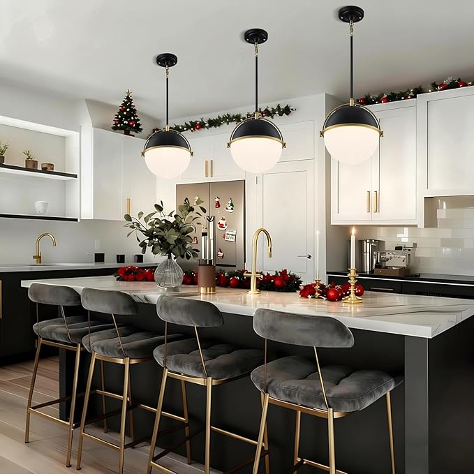 Globe Pendant Lights Kitchen Island, Black and Gold 11.4 Inch Pendant Light Fixtures with Milk Globe Glass Shade, Pendant Lighting for Dining Room Cafes Restaurants Living Room